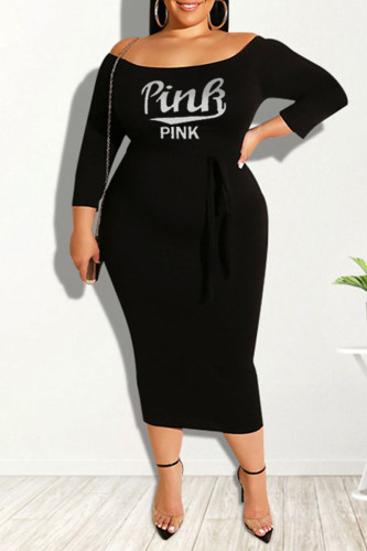 Black Casual Print Patchwork Off the Shoulder One Step Skirt Plus Size Dresses