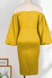 Желтые сексуальные однотонные платья с оборками и юбкой-карандаш с открытыми плечами