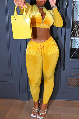 Yellow Fashion Casual Solid Basic Zipper Collar Long Sleeve Two Pieces