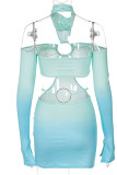 カラーセクシーな段階的な変化プリントくり抜きパッチワークホルターペンシルスカートドレス
