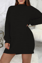 Vestidos de manga comprida pretos moda casual sólido básico com gola O