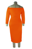 オレンジ カジュアル プリント パッチワーク オフショルダー ワンステップ スカート プラス サイズ ドレス