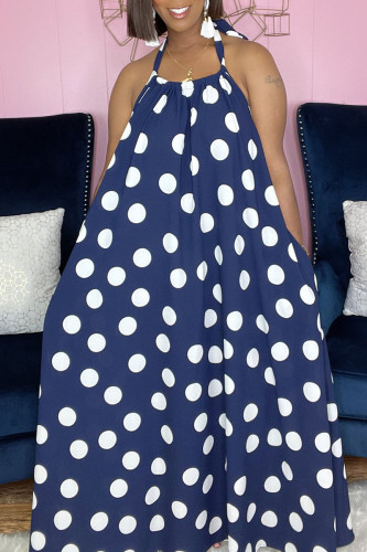 Blue Sexy Print Backless Halter A Line Dresses