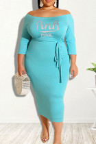 Blauwe casual print patchwork off-shoulder eenstaps rok plus size jurken
