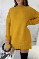 Gelbe, modische, lässige, solide Basic-Kleider mit O-Ausschnitt und langen Ärmeln