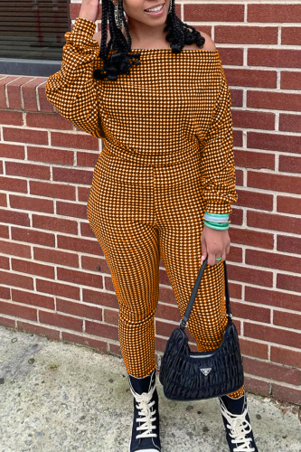Tangerine Red Casual Plaid Patchwork Off the Shoulder Long Sleeve Two Pieces