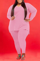 Pink Casual Solid Patchwork V Neck Plus Size Two Pieces