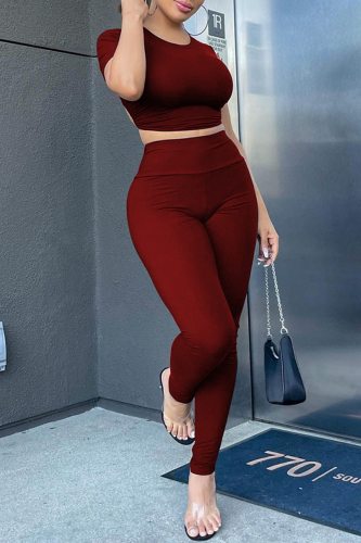 Burgundy Sportswear Solid Patchwork O Neck Short Sleeve Two Pieces