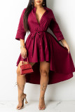イエロー ファッション カジュアル ソリッド 非対称 ターンダウン カラー シャツ ドレス ドレス
