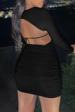 Zwarte sexy effen bandage backless O-hals jurken met lange mouwen