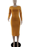 Orange Yellow Elegant Solid Patchwork O Neck One Step Skirt Dresses