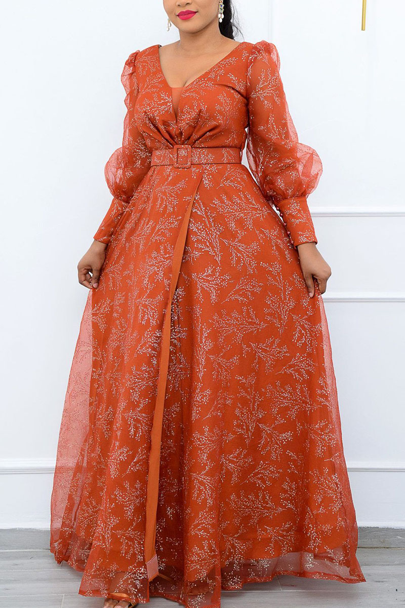 

Tangerine Elegant Print Split Joint With Belt Mesh V Neck Long Sleeve Dresses