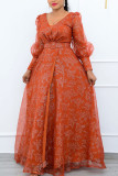 Tangerine Elegant Print Patchwork With Belt Mesh V Neck Long Sleeve Dresses