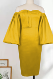 Vestidos de falda de lápiz con hombros descubiertos y volantes sólidos sexy amarillos