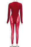 Roter, sexy, durchsichtiger, durchsichtiger Patchwork-Overall aus Netzstoff mit V-Ausschnitt (ohne Handschuhe)