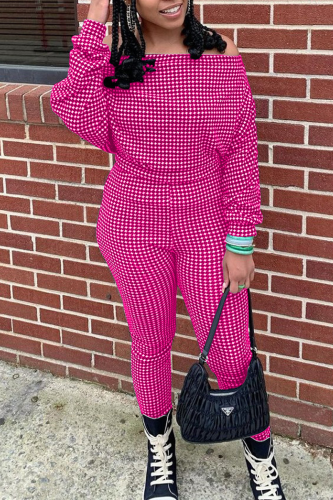 Rose Red Casual Plaid Patchwork Off the Shoulder Long Sleeve Two Pieces