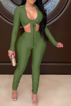 Army Green Sexy Solid Patchwork V Neck Long Sleeve Two Pieces