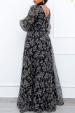 黒のエレガントなプリント パッチワーク ベルト メッシュ V ネック長袖ドレス