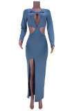 Blue Gray Sexy Solid Hollowed Out Patchwork Backless Slit O Neck Straight Dresses