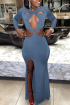 Blauwgrijze sexy effen uitgeholde patchwork rugloze rechte jurken met split en O-hals