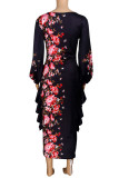 ブラックのエレガントなプリント パッチワーク フラウンス V ネック ワン ステップ スカート ドレス