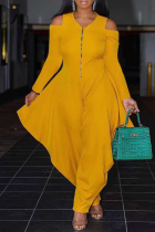 Yellow Casual Solid Split Joint V Neck Loose Jumpsuits