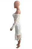 Witte sexy patchwork geborduurde rugloze off-shoulder jurken met lange mouwen