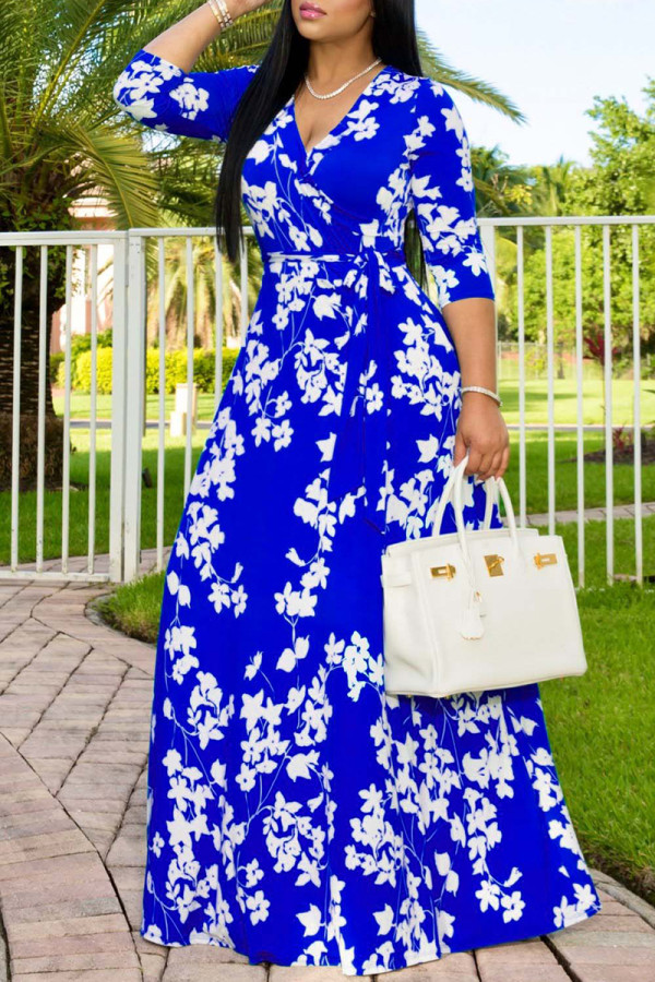 Kleurrijke blauwe mode casual print basic v-hals lange jurk