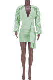 ライトグリーンのセクシーなソリッドパッチワークVネックペンシルスカートドレス