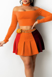 Tangerine Red Casual Solid Patchwork Fold Without Belt Off the Shoulder Long Sleeve Two Pieces
