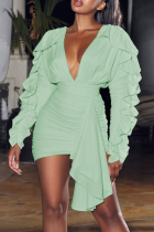 Vestidos de falda lápiz con cuello en V de patchwork liso sexy verde claro