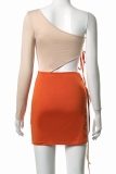Apricot Sexy Solid Draw String One Shoulder Pencil Skirt Dresses