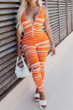 Tangerine Red Sexy Striped Patchwork V Neck Skinny Jumpsuits