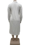 White Casual Solid Asymmetrical Shirt Collar A Line Plus Size Dresses（Without Belt）