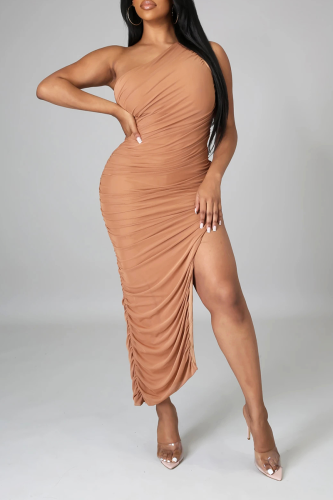Brown Sexy Solid Slit One Shoulder Irregular Dress Dresses
