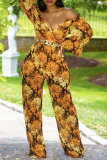 Gelber, sexy bedruckter Patchwork-Jumpsuit mit V-Ausschnitt und Boot-Cut-Ausschnitt ohne Gürtel