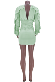 ライトグリーンのセクシーなソリッドパッチワークVネックペンシルスカートドレス