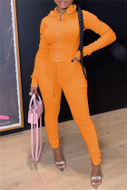 オレンジファッションカジュアルソリッドジッパーフード付きカラー長袖ツーピース