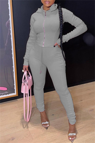 Grey Fashion Casual Solid Zipper Hooded Collar Long Sleeve Two Pieces
