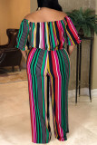 Green Casual Striped Print Patchwork Off the Shoulder Plus Size Jumpsuits