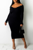 Vestidos de falda de lápiz con cuello en V de patchwork sólido casual negro