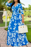 Colorful Blue Fashion Casual Print Basic V Neck Long Dress