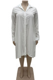 Белые повседневные однотонные асимметричные рубашки с воротником-трапецией и платьями больших размеров (без пояса)