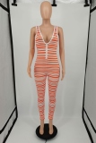 Tangerine Red Sexy Striped Patchwork V Neck Skinny Jumpsuits