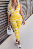 Yellow Sexy Striped Patchwork V Neck Skinny Jumpsuits