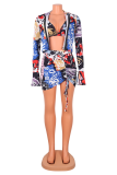 White Sexy Print Patchwork Halter Long Sleeve Two Pieces