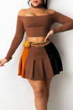 Tangerine Red Casual Solid Patchwork Fold Without Belt Off the Shoulder Long Sleeve Two Pieces