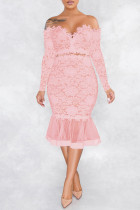 Розовые сексуальные платья в стиле пэчворк с вышивкой без спинки и длинными рукавами