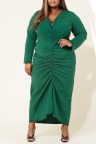 グリーン カジュアル ソリッド パッチワーク フォールド V ネック ワン ステップ スカート プラス サイズ ドレス