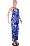 Blue Sexy Print Tie-dye Without Belt Asymmetrical One Shoulder Loose Jumpsuits